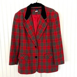 Vintage Red Plaid Long Blazer with Black Velvet Collar Size 14 XL Wool Holiday